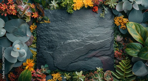 A Grey Slate Rock Surrounded by Vibrant Green and Yellow Plants