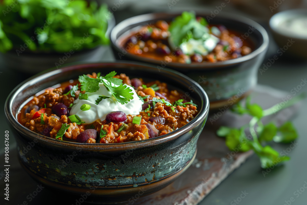 Aromatic Chili Con Carne With Fresh Cilantro and Creamy Topping Aromatic Chili Con Carne With Fresh Cilantro and Creamy Topping