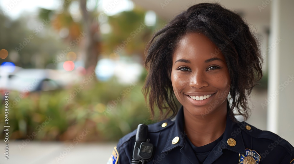 Cheerful Female Police Officer Poses for Photo Cheerful Female Police Officer Poses for Photo