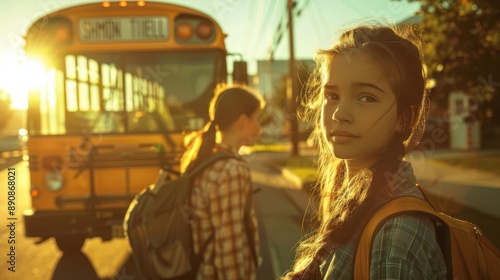 A young girl waits for the school bus at sunset, her gaze fixed on the camera, with another girl walking behind her