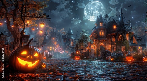 Illuminated Jack O' Lantern On Cobblestone Street In A Spooky Village At Night