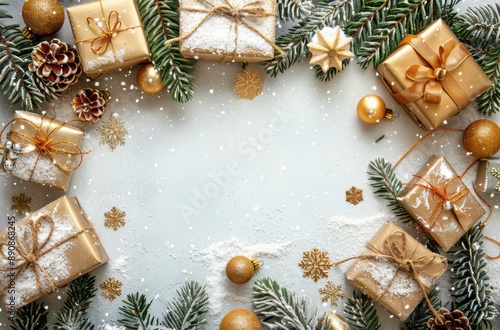 Gold Christmas Gifts and Evergreen Branches on Snowy White Background