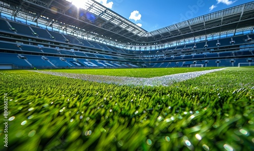 soccer field with green grass in stadium, low view, Generative AI