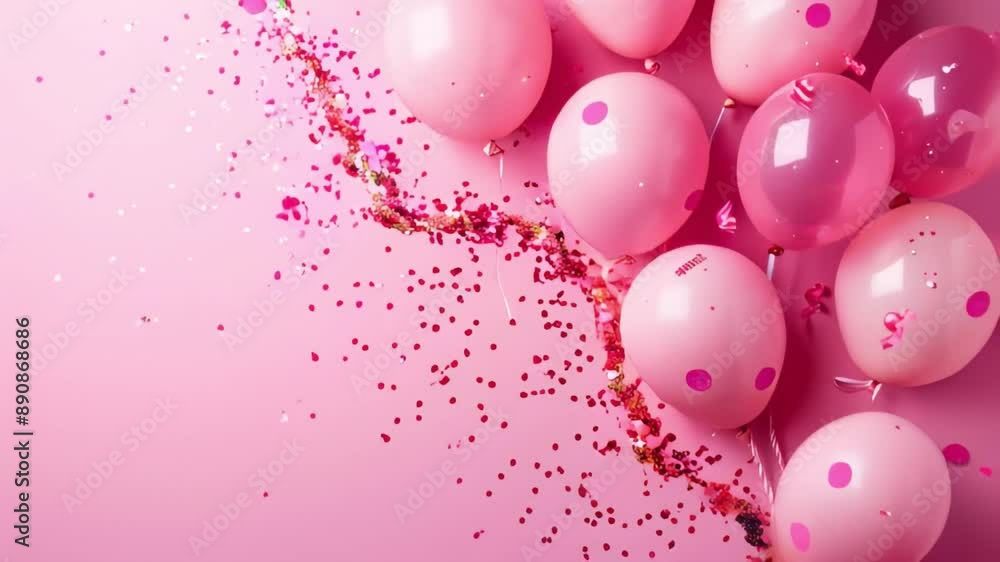 Pink festive birthday party background with balloons, confetti Party or birthday celebration copy space template Pink festive birthday party background with balloons, confetti Party or birthday celebration copy space template