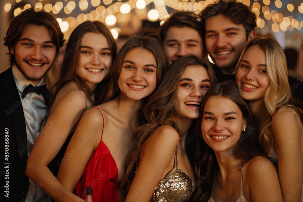 A company of happy young people in evening dresses and suits, smiling posing for camera. Party, graduation for students. Celebrating the new year, Generative AI A company of happy young people in evening dresses and suits, smiling posing for camera. Party, graduation for students. Celebrating the new year, Generative AI