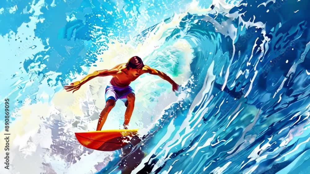 Dynamic digital illustration of a surfer catching waves, full of energy, summer tourist sport. blue animation in a minimalist style. Dynamic digital illustration of a surfer catching waves, full of energy, summer tourist sport. blue animation in a minimalist style.