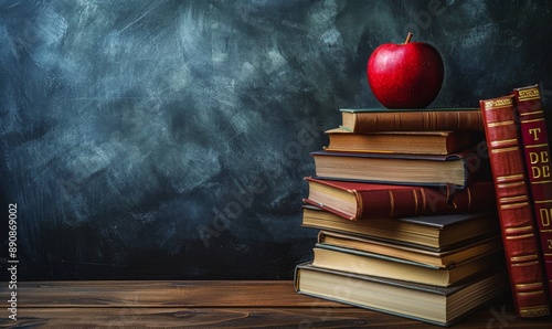 Stack of Books With Red Apple in Front of Chalkboard