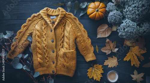 Warm Yellow Knit Sweater and Coffee on a Dark Blue Background