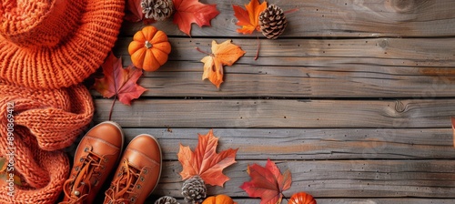 Orange Knitted Hat, Boots, and Scarf on Blue Wooden Background With Autumn Le...