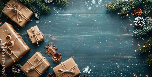Wrapped Christmas Presents Surrounded by Pine Branches and Snow on a Wooden T...