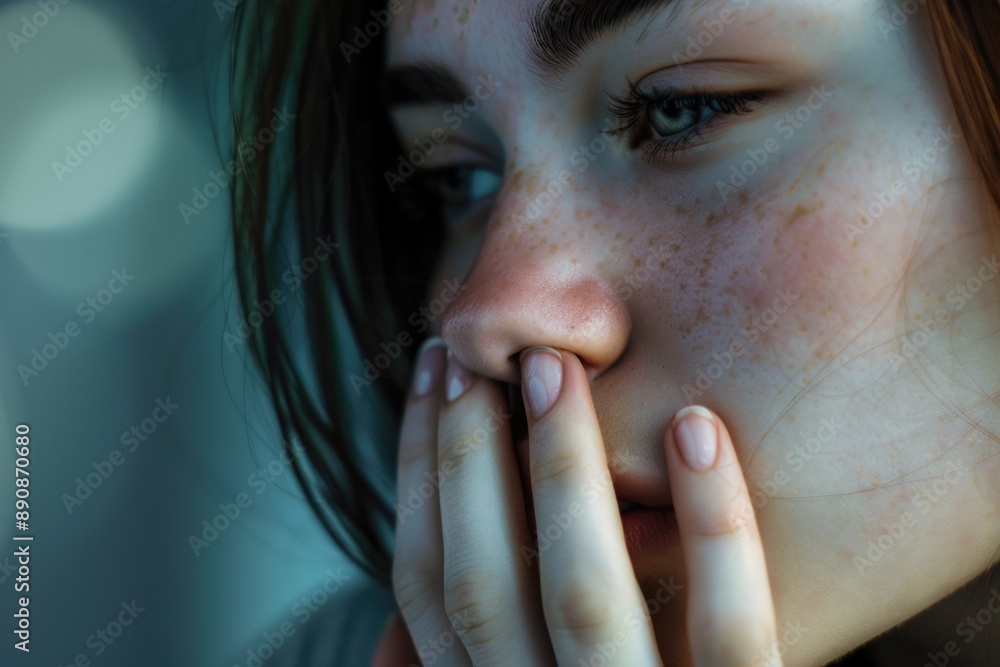 A person holds their hand over their face, conveying emotion or distress A person holds their hand over their face, conveying emotion or distress