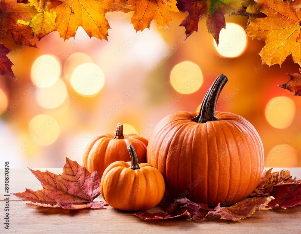 October styled bokeh background with autumn leaves and pumpkins on table October styled bokeh background with autumn leaves and pumpkins on table