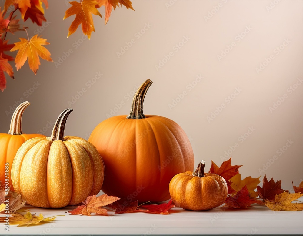 pumpkin and autumn leaves on table with neutral background pumpkin and autumn leaves on table with neutral background