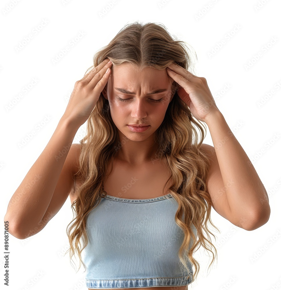 Young beautiful woman has headache isolated cutout PNG on white background, Generative AI Young beautiful woman has headache isolated cutout PNG on white background, Generative AI