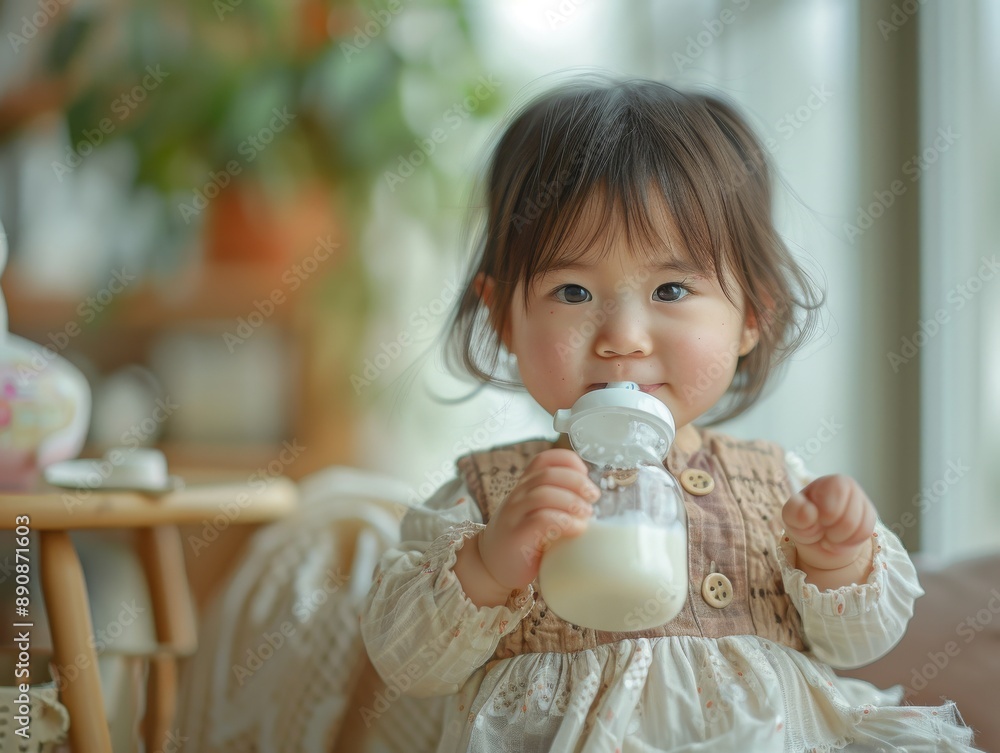 an Asian child model, approximately 2 years old, sitting and drinking from a baby bottle. an Asian child model, approximately 2 years old, sitting and drinking from a baby bottle.