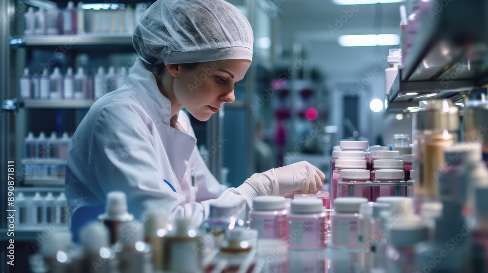 A pharmaceutical scientist in a lab coat and hairnet carefully examining bottles of substances ensuring quality control in a laboratory environment. A pharmaceutical scientist in a lab coat and hairnet carefully examining bottles of substances ensuring quality control in a laboratory environment.