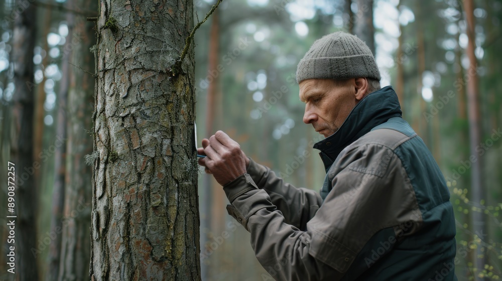 Obraz premium A botanist closely examines tree bark using specialized tools in a dense forest, highlighting the detailed study of flora.