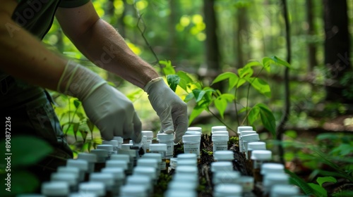 A field scientist gathers numerous samples in vials from a forest environment, emphasizing the careful collection of data in a natural setting.