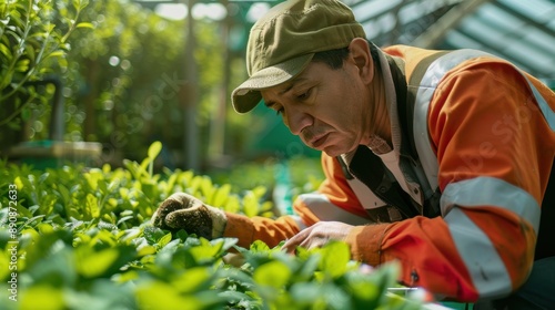 A focused horticulturist in an orange safety jacket tends to young plants in a greenhouse, highlighting the care and precision involved in plant cultivation and greenhouse management.