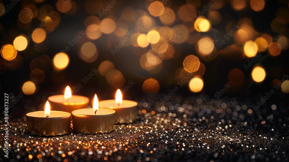 Glowing Tea Lights on Black Glitter with Golden Bokeh Background, Holiday or Spa Concept. Glowing Tea Lights on Black Glitter with Golden Bokeh Background, Holiday or Spa Concept.
