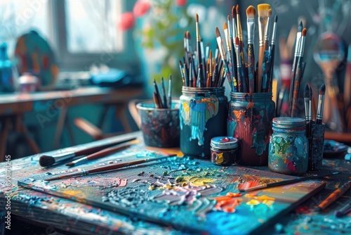 A paint-splattered palette, brushes, and paint jars sit on a wooden table in an artist's studio.