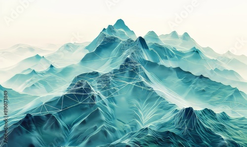 From above view intricate mountain landscape background in geometrical shapes  and wireframe conections, Generative AI