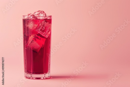 Red Drink with Ice Cubes on Pink Background photo