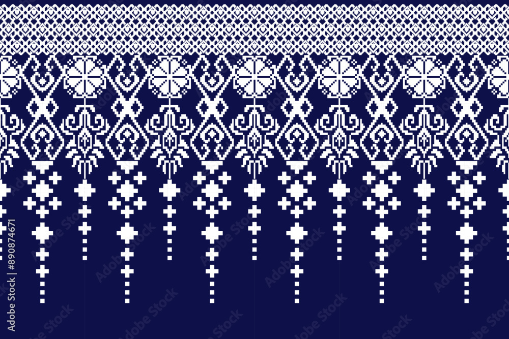 Fototapeta premium Geometric floral pattern background vector illustration.flower ethnic pixel pattern,Aztec style,abstract background.design for texture,fabric,clothing,decoration,print,sarong.