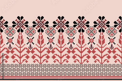 Geometric floral pattern background vector illustration.flower ethnic pixel pattern,Aztec style,abstract background.design for texture,fabric,clothing,decoration,print,sarong.