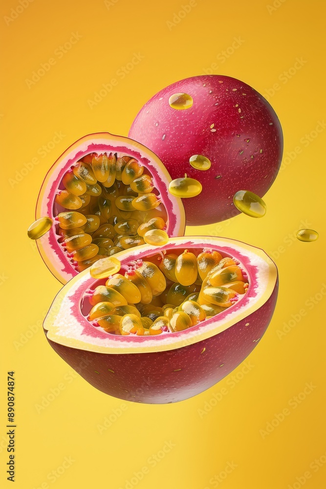 Passion fruit cut open with seeds spilling out on yellow background. Passion fruit cut open with seeds spilling out on yellow background.