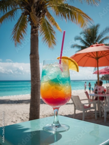 Colorful layered cocktail standing on turquoise table with blurred beach and palm trees in background