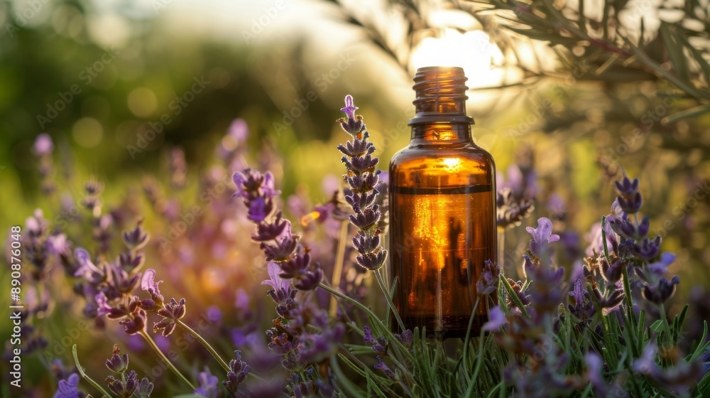 Aromatherapy essential oil bottle surrounded by lavender flowers in natural setting. This calming scene reflects holistic wellness. Suitable for health and beauty themes. AI Aromatherapy essential oil bottle surrounded by lavender flowers in natural setting. This calming scene reflects holistic wellness. Suitable for health and beauty themes. AI