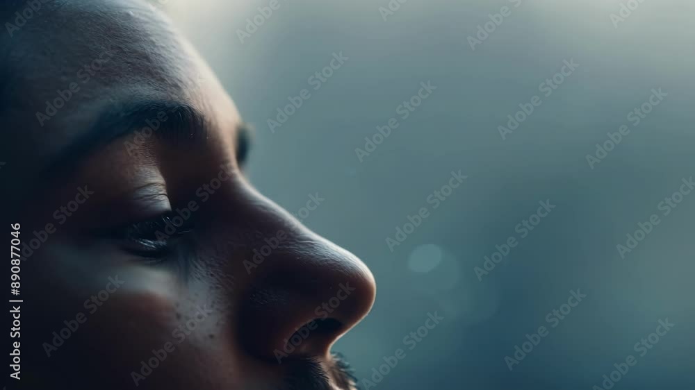 Closeup of a persons forehead creasing in confusion and fear as they realize that even their own breath seems to be the only sound breaking the eerie silence. Closeup of a persons forehead creasing in confusion and fear as they realize that even their own breath seems to be the only sound breaking the eerie silence.
