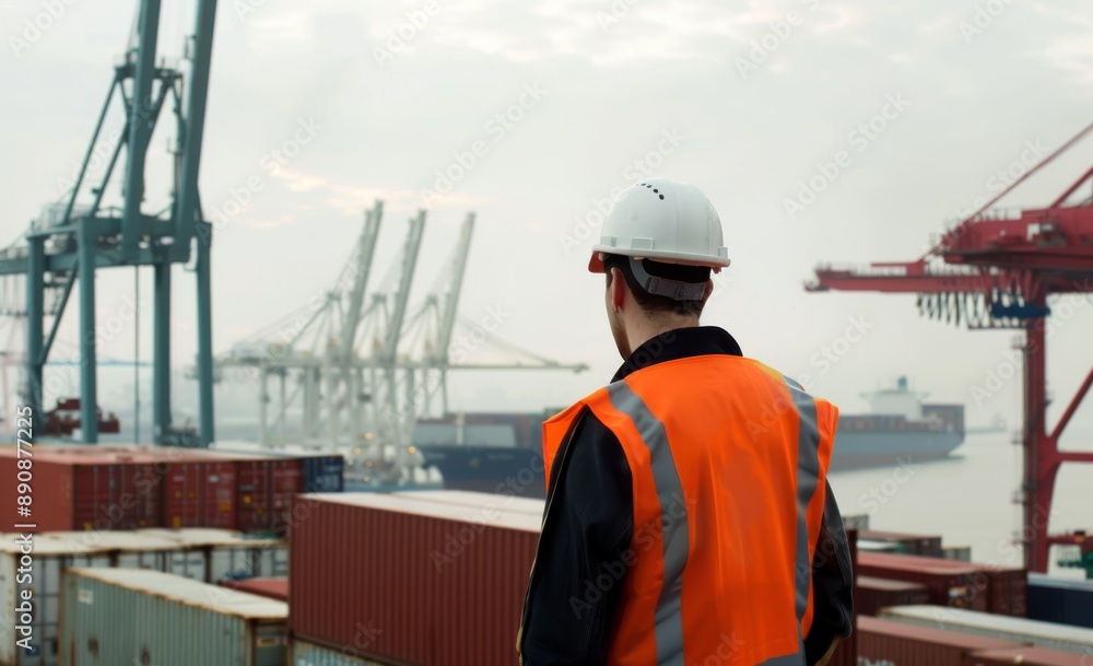 Worker in high-visibility vest and helmet overlooking shipping containers and cranes at a port. Industrial logistics and transportation concept. Worker in high-visibility vest and helmet overlooking shipping containers and cranes at a port. Industrial logistics and transportation concept.