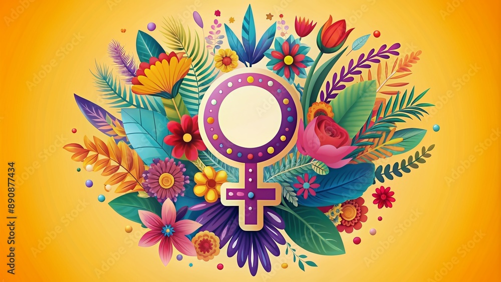 Vibrant illustration of a woman's sign against a bright background with flowers and feathers, symbolizing empowerment, diversity, and inclusivity on International Women's Day. Vibrant illustration of a woman's sign against a bright background with flowers and feathers, symbolizing empowerment, diversity, and inclusivity on International Women's Day.
