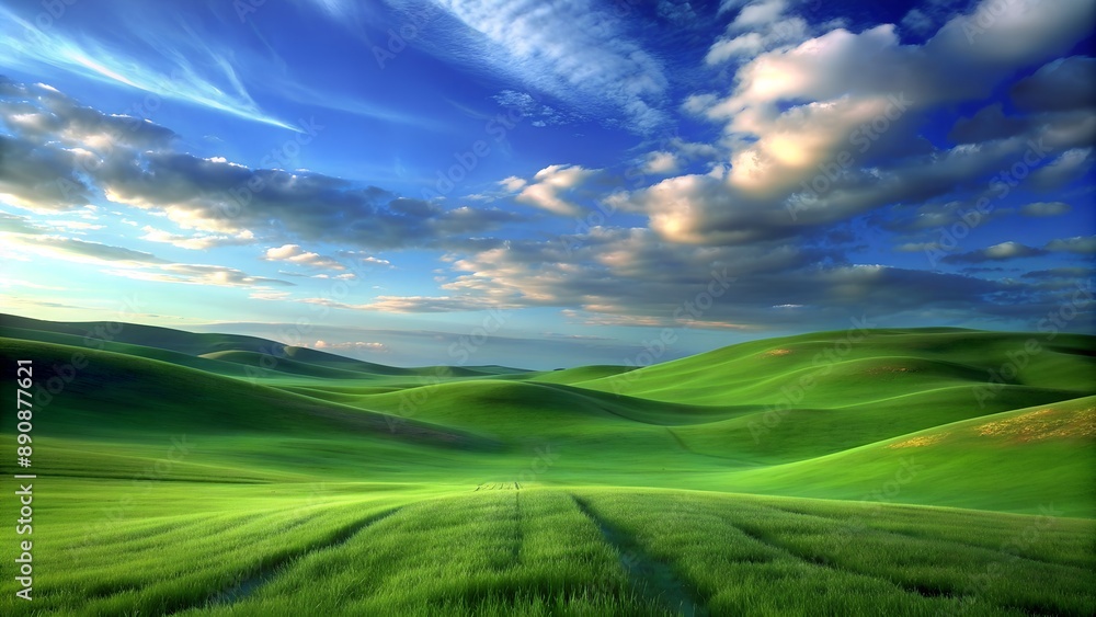 Green rolling hills stretching under blue sky with clouds Green rolling hills stretching under blue sky with clouds