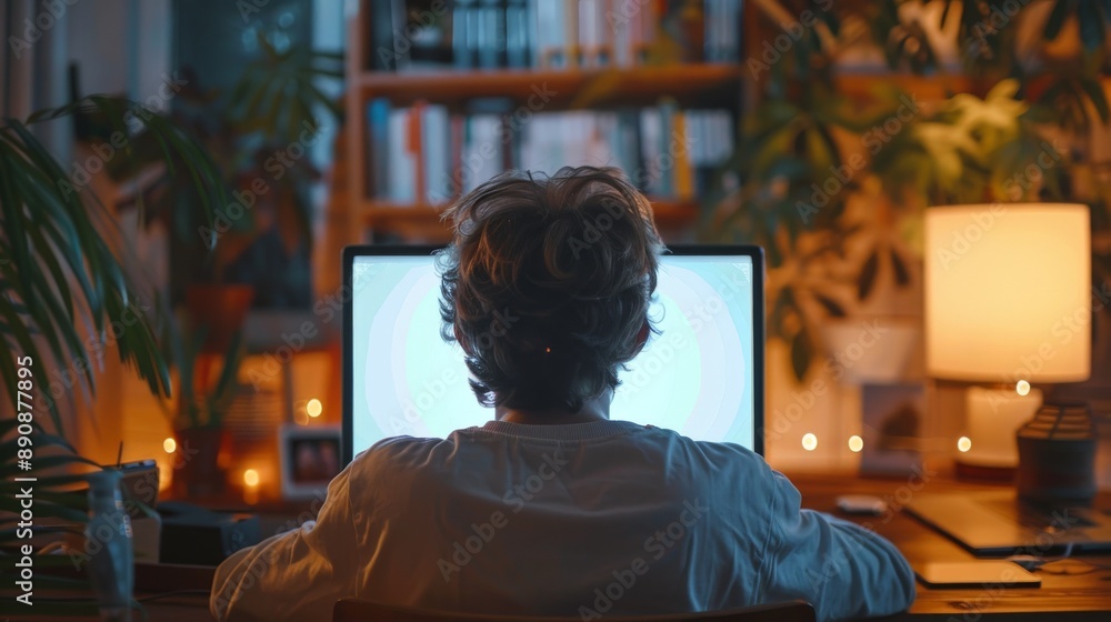 Over shoulder shot of a young man using computer laptop in front of an blank white Over shoulder shot of a young man using computer laptop in front of an blank white