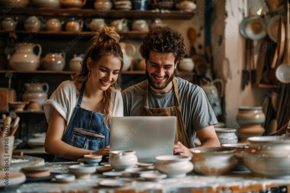 Happy young ceramists using a laptop together in their shop, Generative AI Happy young ceramists using a laptop together in their shop, Generative AI