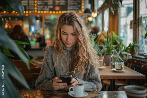 Female remote worker using a smartphone in a coffee shop, Generative AI