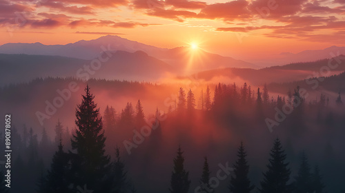 Misty Sunrise Over Mountain Forest