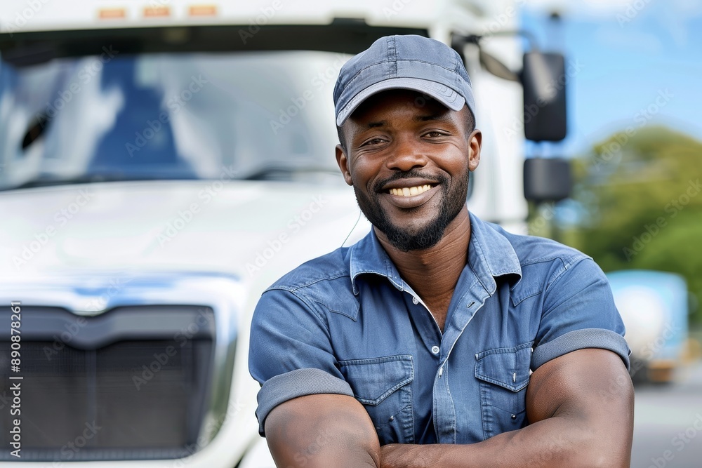 A young woman poses in front of her first cargo truck before embarking on a cross-country tour. Beautiful simple AI generated image in 4K, unique. A young woman poses in front of her first cargo truck before embarking on a cross-country tour. Beautiful simple AI generated image in 4K, unique.