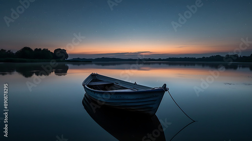 Tranquil Boat on a Starry Twilight Lake