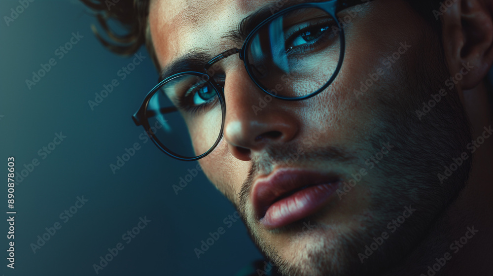 Close-Up of Man with Glasses in Moody Lighting Close-Up of Man with Glasses in Moody Lighting