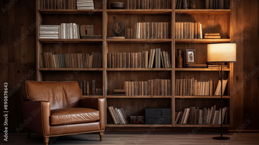 Classic Brown Leather Armchair in Cozy Library with Wooden Bookshelves and Warm Lighting Classic Brown Leather Armchair in Cozy Library with Wooden Bookshelves and Warm Lighting