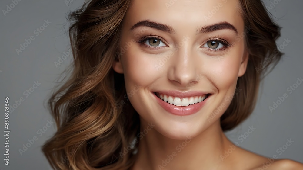 Beauty portrait of happy attractive young woman with glowing healthy radiant pure skin and beautiful hair. Pretty european girl model smiling on background advertising skin care cosmetic Beauty portrait of happy attractive young woman with glowing healthy radiant pure skin and beautiful hair. Pretty european girl model smiling on background advertising skin care cosmetic