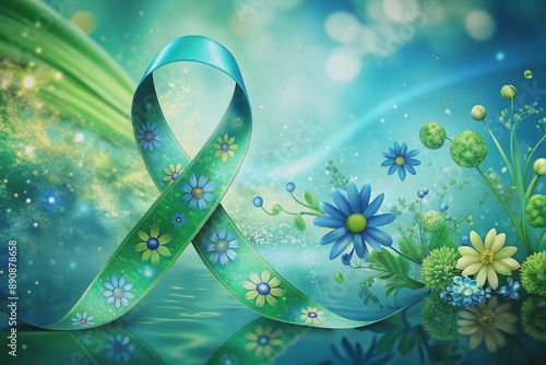 Vibrant green and blue ribbon-themed background with delicate flower patterns and gentle water splashes, symbolizing hope and resilience in mental health journeys. photo