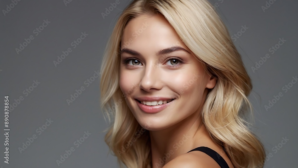 Fototapeta premium Beauty portrait of happy attractive young woman with glowing healthy radiant pure skin and beautiful hair. Pretty european girl model smiling on background advertising skin care cosmetic