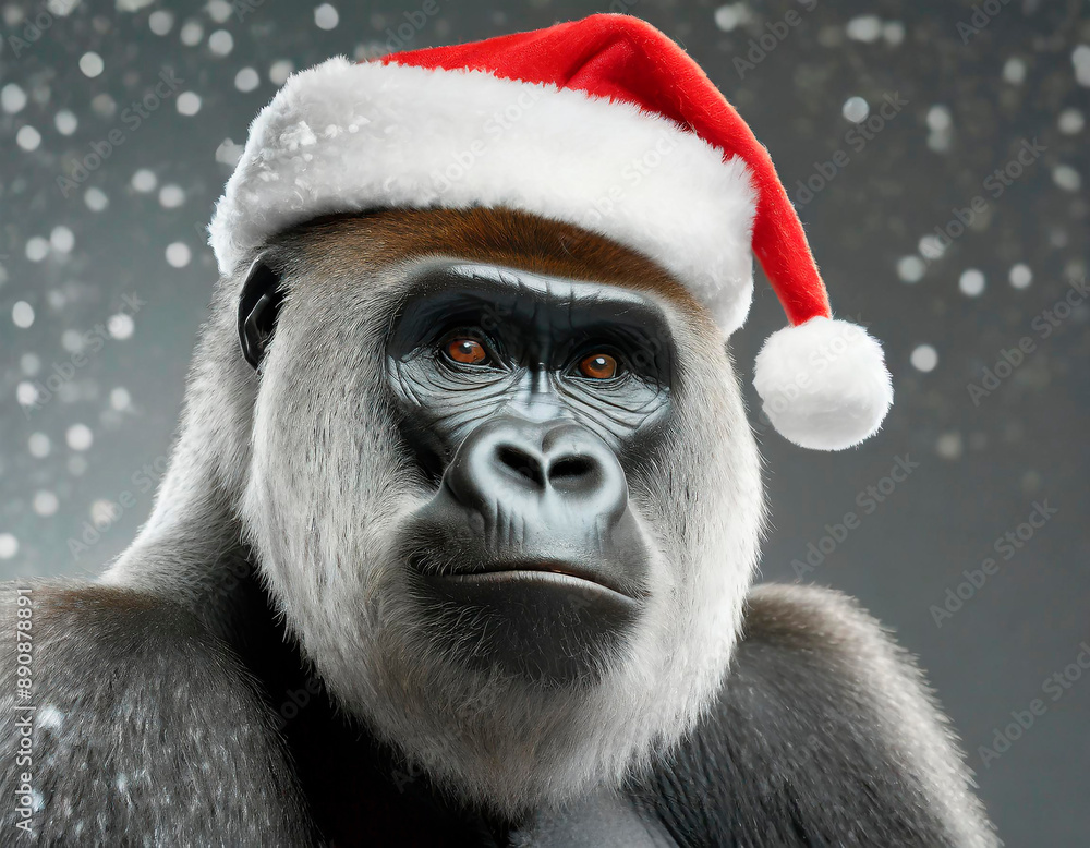 Gorilla in Santa's hat, christmas, snow, background Gorilla in Santa's hat, christmas, snow, background