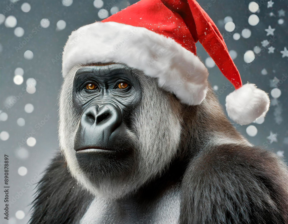Gorilla in Santa's hat, christmas, snow, background Gorilla in Santa's hat, christmas, snow, background