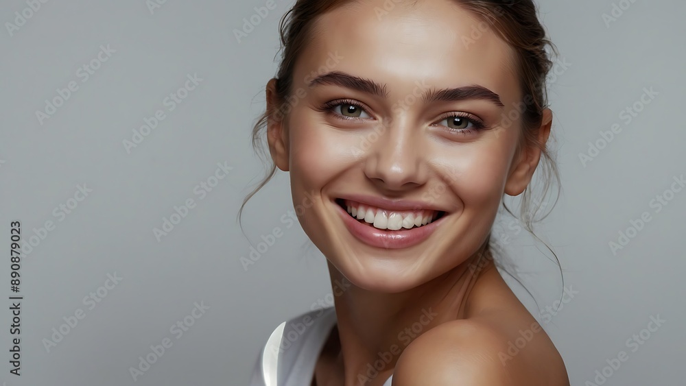 Beauty portrait of happy attractive young woman with glowing healthy radiant pure skin and beautiful hair. Pretty european girl model smiling on background advertising skin care cosmetic Beauty portrait of happy attractive young woman with glowing healthy radiant pure skin and beautiful hair. Pretty european girl model smiling on background advertising skin care cosmetic